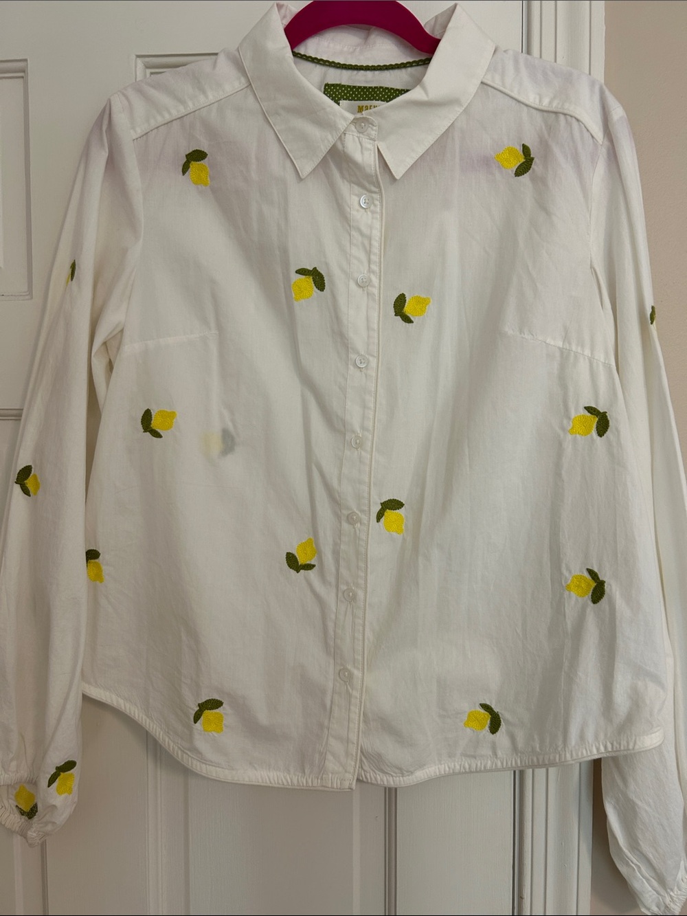 Maeve White Button-Down Shirt with Yellow Lemons and Green Leaves Size Small